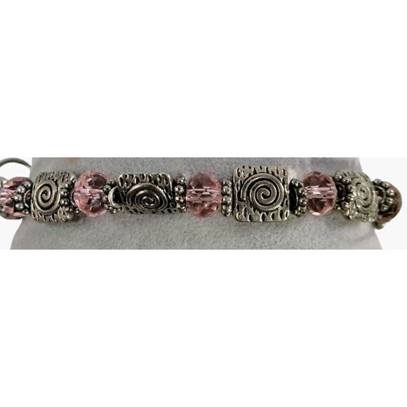 Handcrafted Silver Tone Pink Beaded Bracelet Swirl Design Toggle Clasp 7 inch - Picture 2 of 7